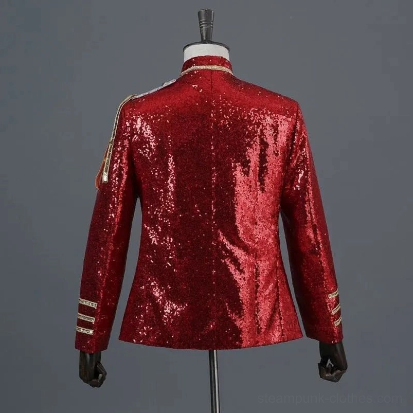 Red military steampunk sequin jacket rear view displaying full red sequin fabric