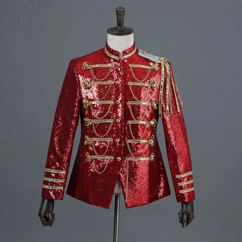 Red steampunk military sequin jacket front view with matching gold hardware accents