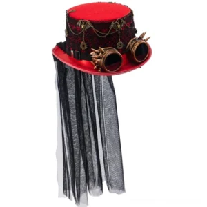 Red steampunk top hat side front view showing attached brass goggles, long flowing black sheer veil, and intricate mechanical detailing