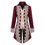 Red steampunk Victorian tailcoat jacket front view with white lace trim, gold buttons, burgundy jacquard fabric and faux beige vest overlay
