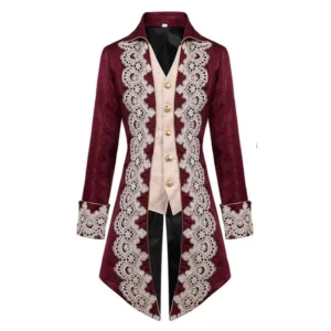 Red steampunk Victorian tailcoat jacket front view with white lace trim, gold buttons, burgundy jacquard fabric and faux beige vest overlay