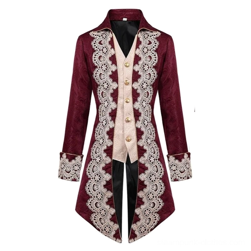 Red steampunk Victorian tailcoat jacket front view with white lace trim, gold buttons, burgundy jacquard fabric and faux beige vest overlay