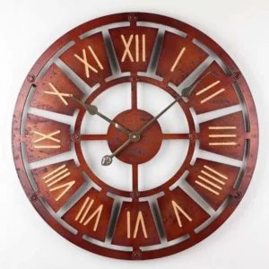Red steampunk hollow wall clock with gold Roman numerals and riveted frame, 16 inch diameter, rustic reddish-brown metal finish, industrial vintage aesthetic