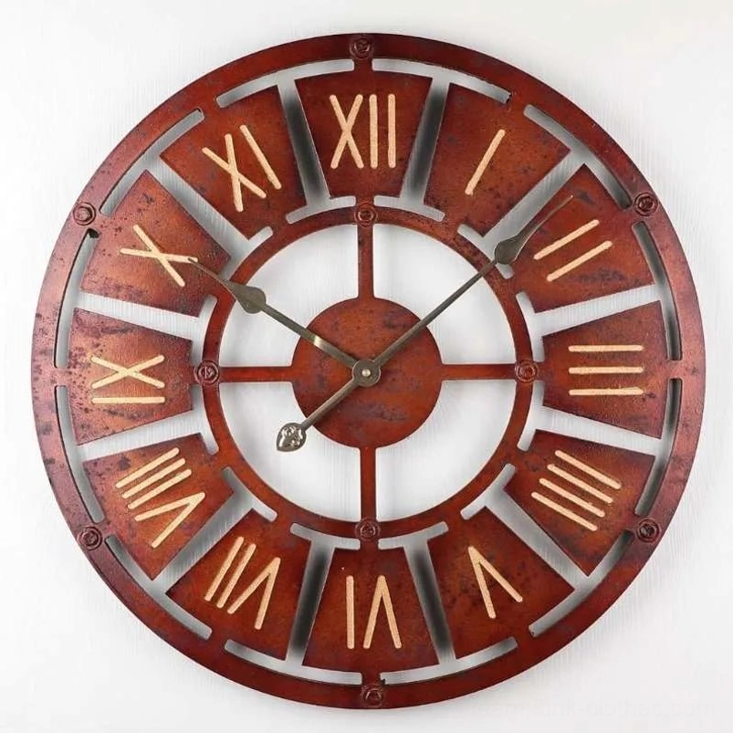 Red steampunk hollow wall clock with gold Roman numerals and riveted frame, 16 inch diameter, rustic reddish-brown metal finish, industrial vintage aesthetic