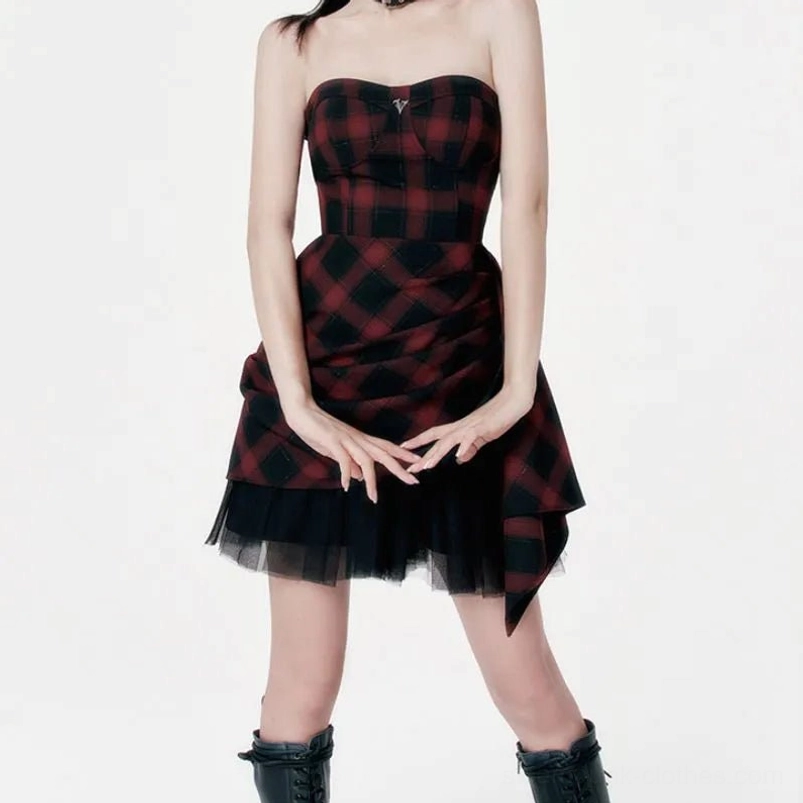 Red tartan steampunk mini dress close-up featuring sweetheart neckline, black choker accessory, and corset bodice construction - gothic style detail