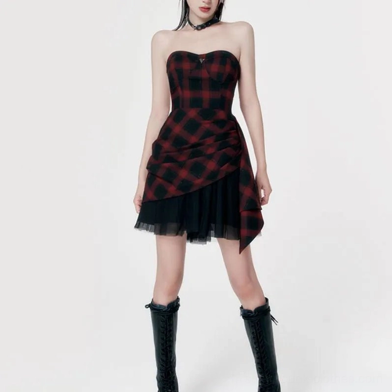 Red tartan steampunk mini dress with strapless sweetheart neckline, asymmetrical hemline, and structured corset bodice - front view on model