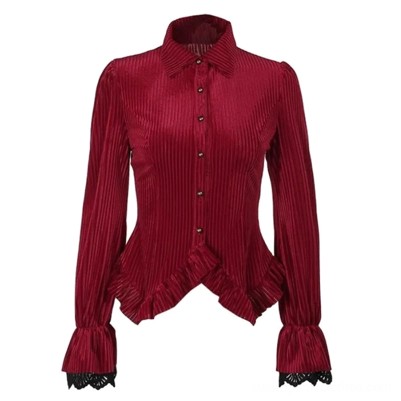Red striped velvet steampunk shirt flat lay front view with black lace flounce cuffs and irregular hem detail