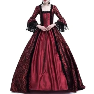Red Victorian steampunk ball gown with floral jacquard overskirt, black lace trims, and flared bell sleeves - front view