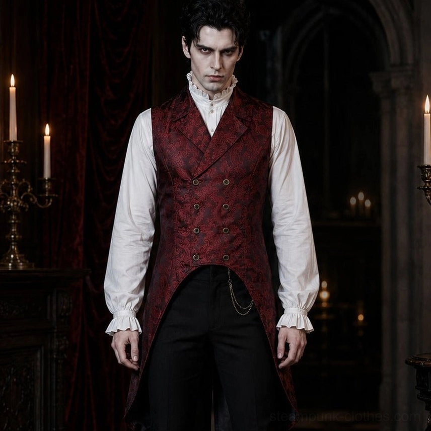 Red Victorian steampunk waistcoat full front view on male model in gothic candlelit chamber, showing double-breasted antique bronze buttons and asymmetric high-low tailcoat hem with paisley jacquard fabric