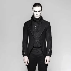 Industrial heritage redingote tailcoat front view - black herringbone formal jacket with standing collar, embossed metal buttons, and faux waistcoat damask panel detail
