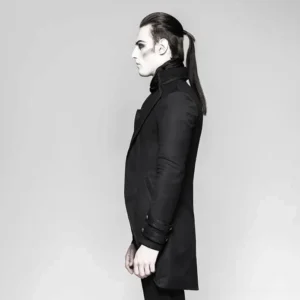 Steampunk formal redingote left side profile - fitted silhouette displaying decorative multi-button cuff straps and refined jacket architecture