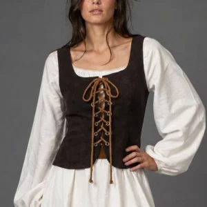 Reversible steampunk corset vest for women featuring adjustable braided lace-up front closure, square neckline, and dual-tone brown suede construction worn by model
