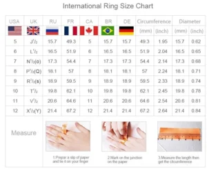 Ring sizing guide and chart showing US ring sizes 5-11 with metric and imperial measurements, flat lay view with paper ruler demonstrating how to measure finger circumference accurately