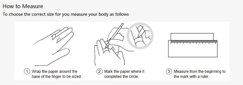 Ring sizing guide with step-by-step paper wrapping method instructions and line illustration diagrams for measuring finger circumference and finding correct ring size at home