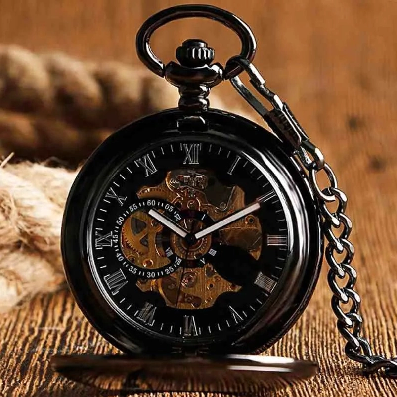 Roman numeral dial steampunk pocket watch with exposed gold hollow movement and attached metal chain on jute rope background