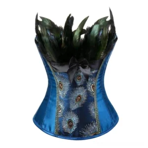 Strapless royal blue steampunk corset flat lay with peacock embroidery, black satin bow, and gold sequin trim details