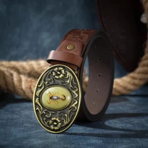 Dark brown premium vegan leather Scorpio steampunk belt with hand-carved bronze floral scorpion buckle and functional punch hole adjustment system, side oblique detail view highlighting metal inlay and leather texture