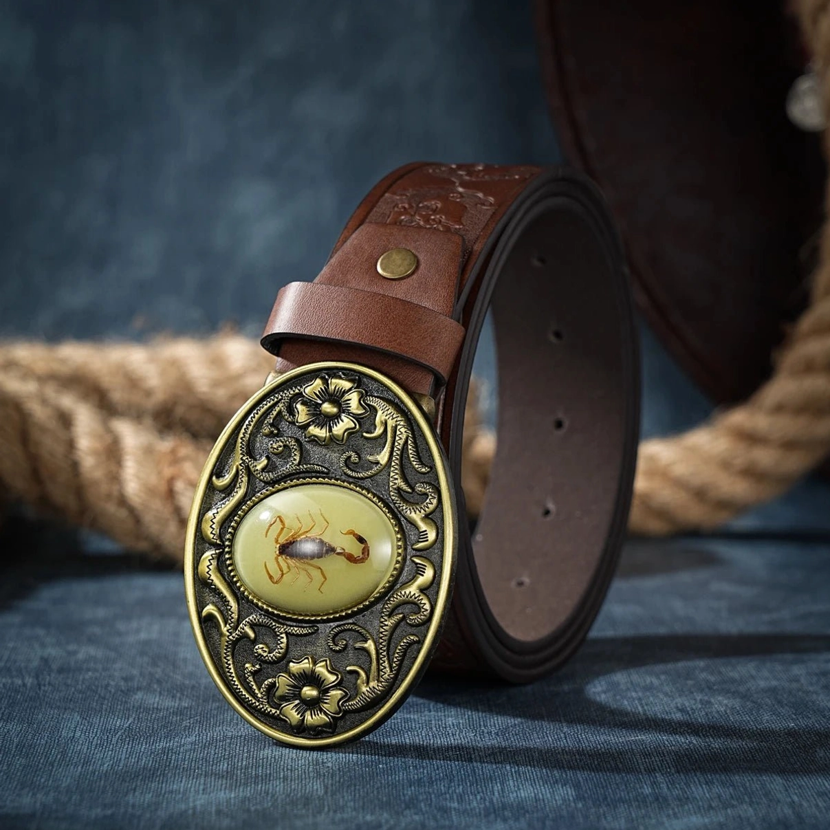 Dark brown premium vegan leather Scorpio steampunk belt with hand-carved bronze floral scorpion buckle and functional punch hole adjustment system, side oblique detail view highlighting metal inlay and leather texture