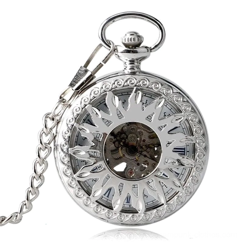 Silver skeleton steampunk pocket watch three-quarter view with sunburst dial and attached chain