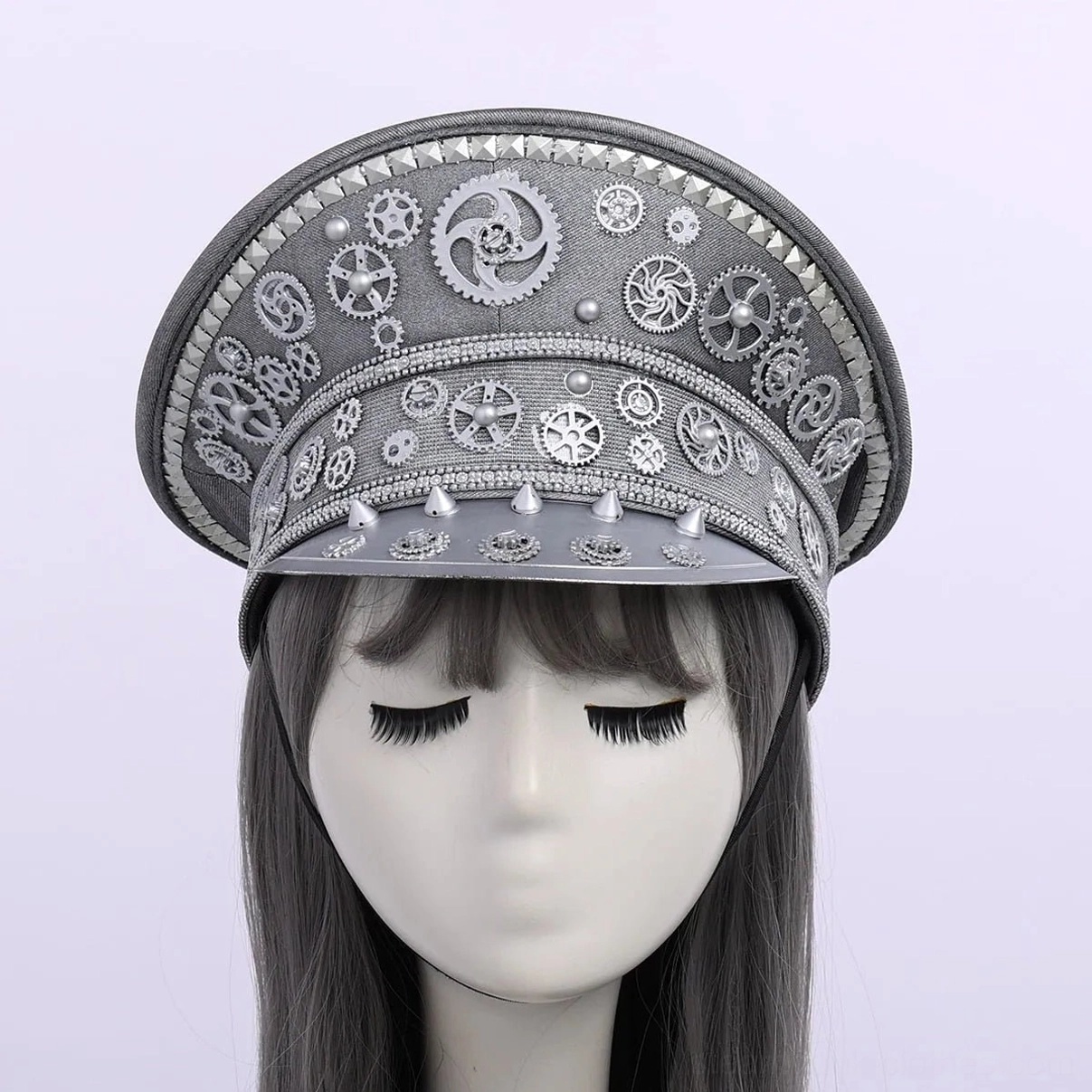 Silver steampunk aviator military officer cap on mannequin with full gear and stud decoration