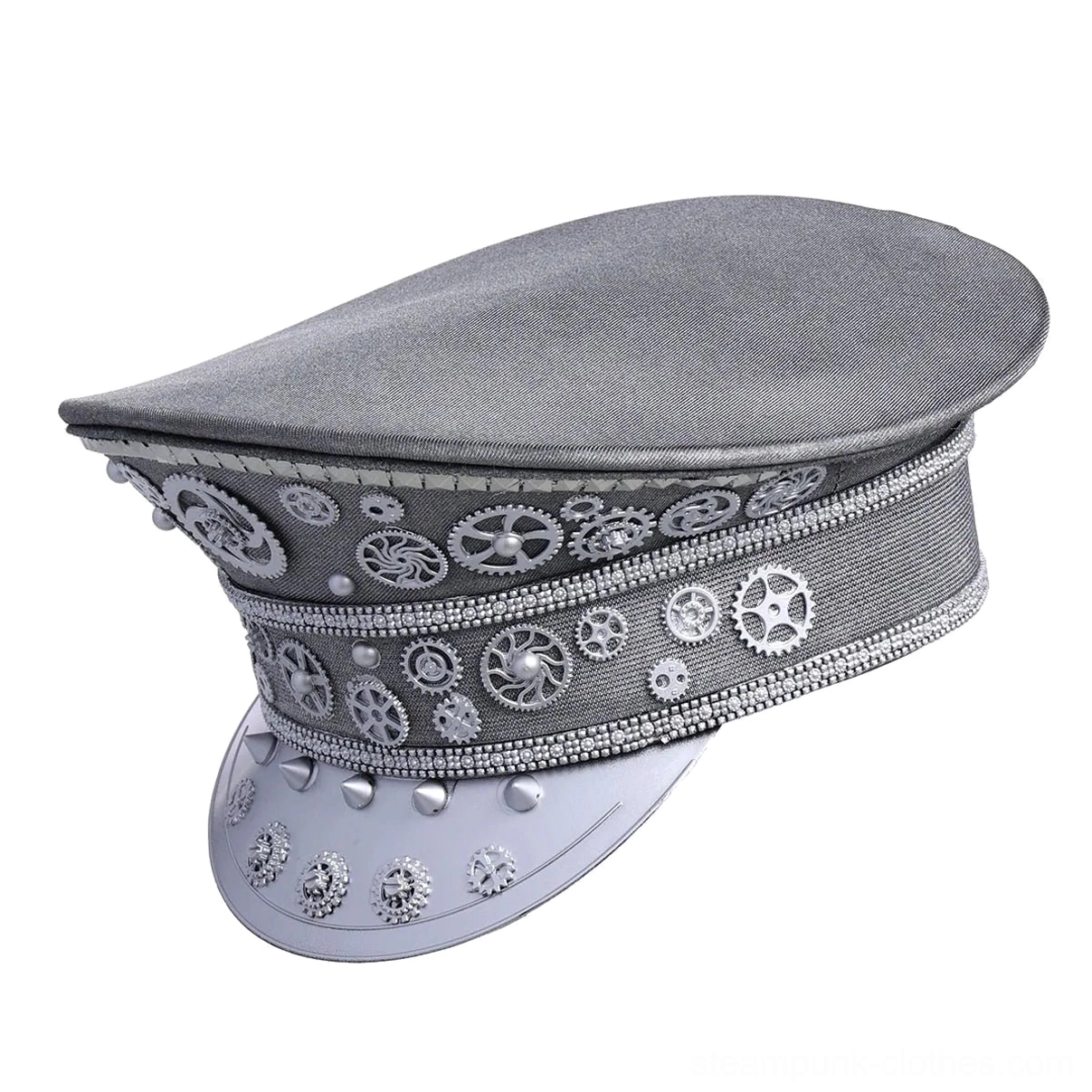 Silver steampunk aviator cap with gear-embellished band and flat crown, front-low angle