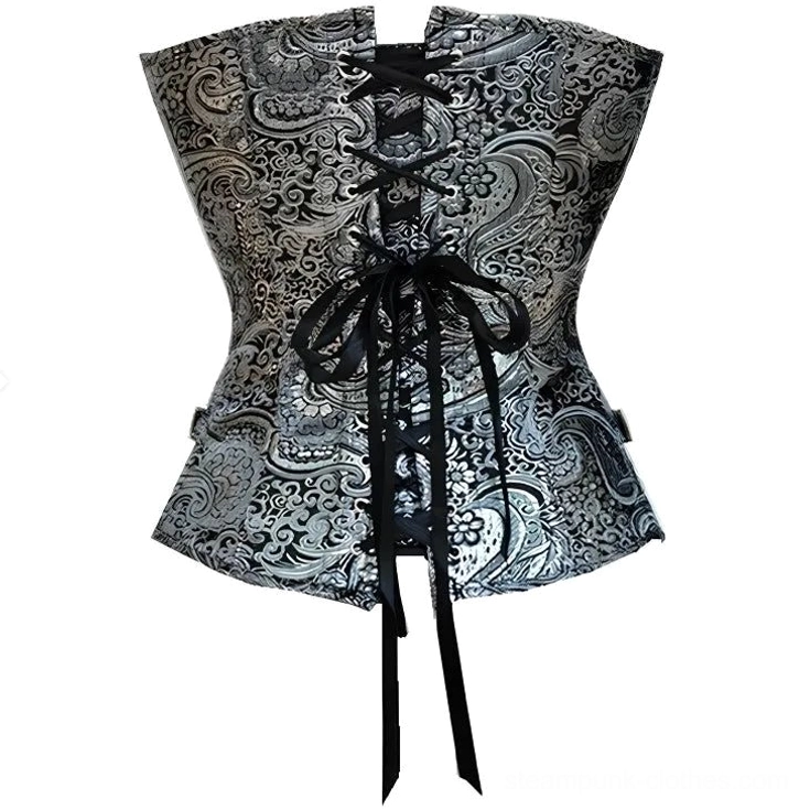 Silver steampunk corset back view showing black satin ribbon lace-up design and paisley pattern
