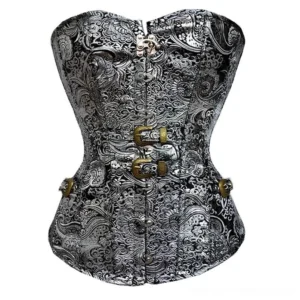 Silver steampunk corset with paisley jacquard fabric and brass front buckles - front view