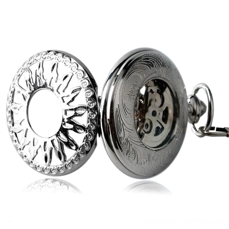 Silver skeleton steampunk pocket watch flat view showing engraved floral case and sunburst cover