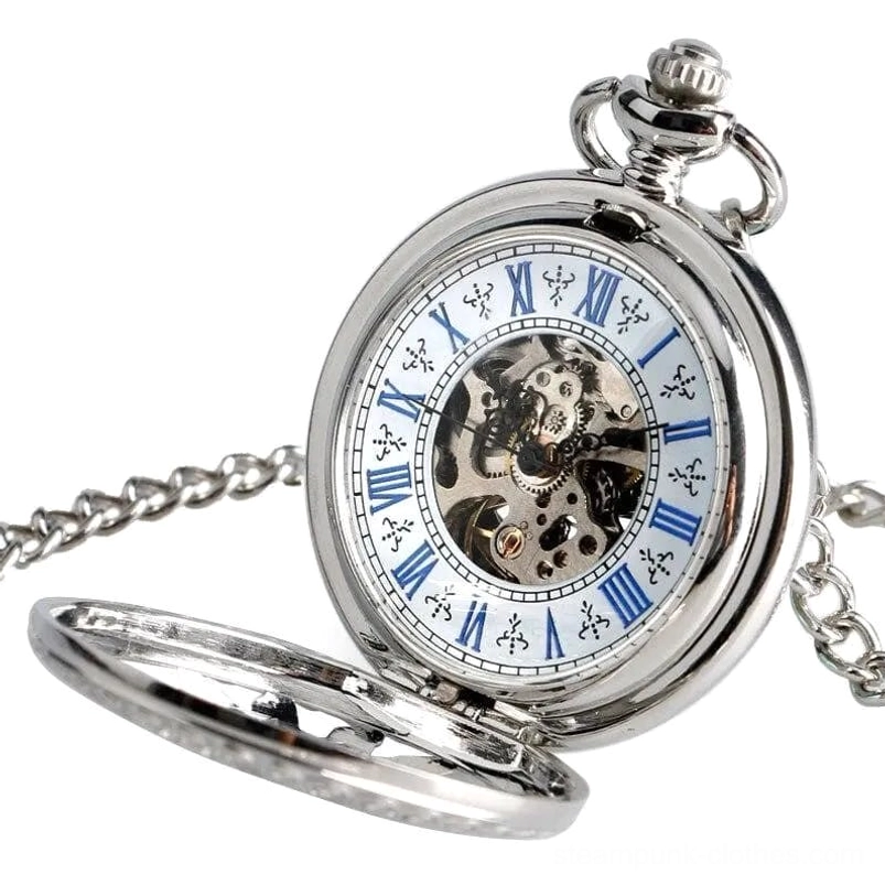 Silver finish steampunk pocket watch flip-open revealing blue Roman numeral dial and mechanical movement