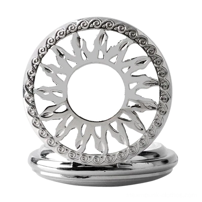 Silver sunburst hollow steampunk pocket watch cover with scroll carved border display view