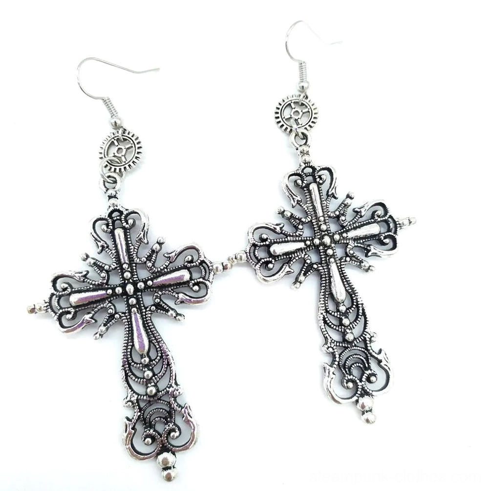 Silver-toned filigree cross steampunk drop earrings with round gear connector and detailed hollow cross with bottom bead