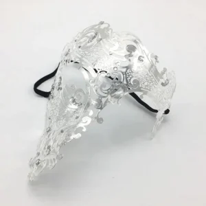 Silver Venetian steampunk masquerade half-mask displaying intricate cutout patterns and polished metal finish with rhinestone accents and black elastic strap