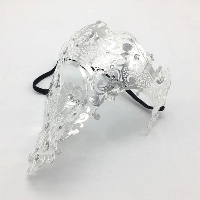 Silver Venetian steampunk masquerade half-mask displaying intricate cutout patterns and polished metal finish with rhinestone accents and black elastic strap