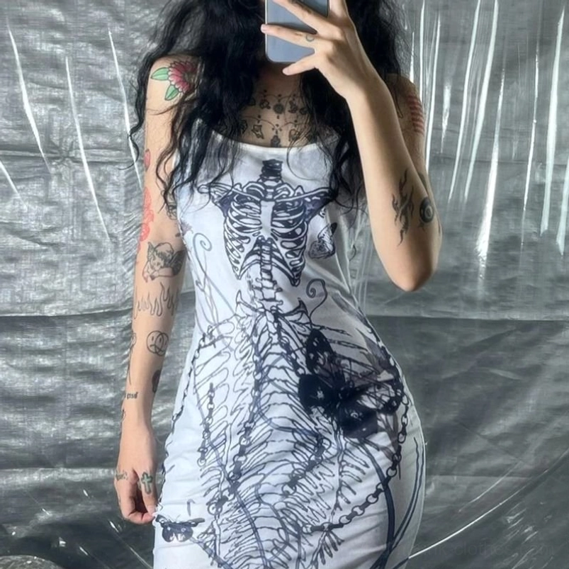 Skeleton and butterfly print bodycon steampunk slip dress close-up front detail with spaghetti straps