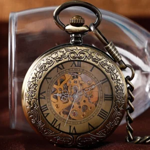 Skeleton steampunk pocket watch front three-quarter view with exposed mechanical gears, carved floral patterns, and Roman numerals on dark fabric