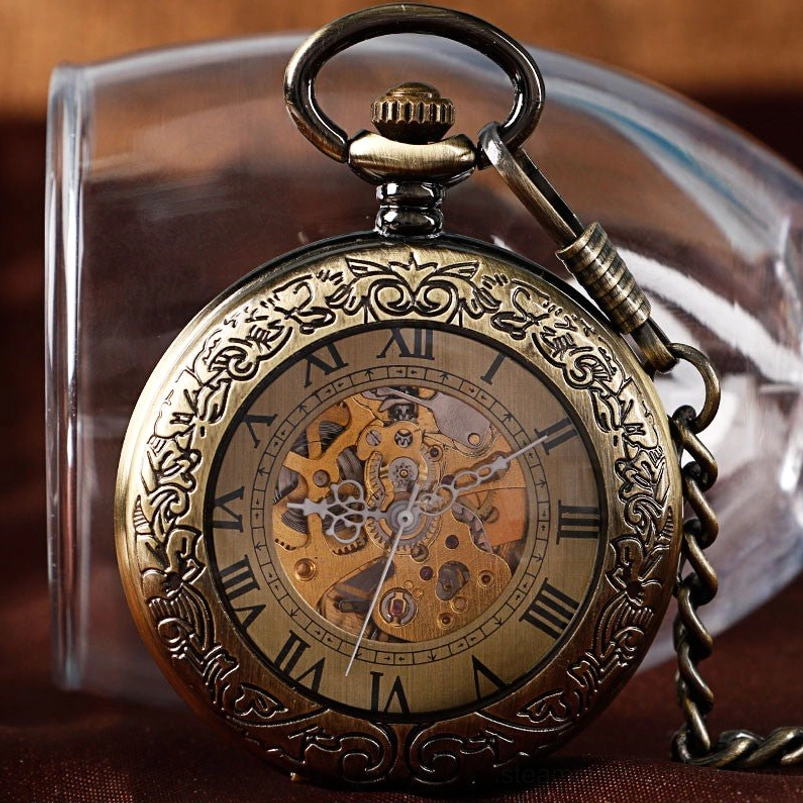 Skeleton steampunk pocket watch front three-quarter view with exposed mechanical gears, carved floral patterns, and Roman numerals on dark fabric