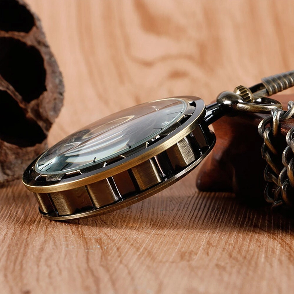 Side close-up of skeleton pocket watch featuring grooved metal bezel and transparent crystal cover revealing internal mechanisms