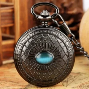 Closed skeleton steampunk pocket watch with gun-black metal finish and blue gemstone inlay, displayed on vintage map background with decorative wooden elements