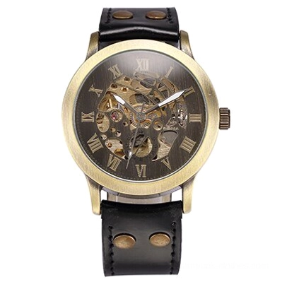 Black skeleton steampunk watch flat front view, bronze case with black riveted leather strap and compact skeleton dial