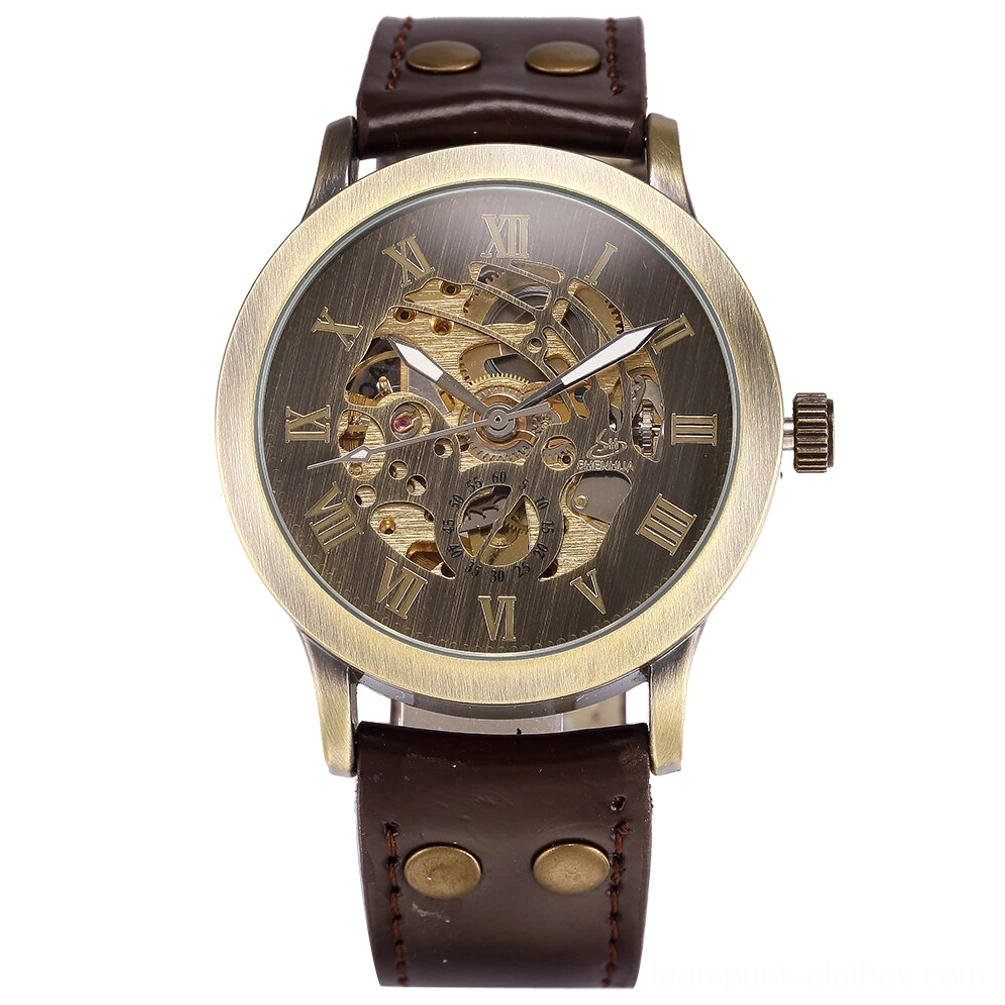 Skeleton steampunk wristwatch flat lay, bronze case with riveted brown leather band and full exposed dial
