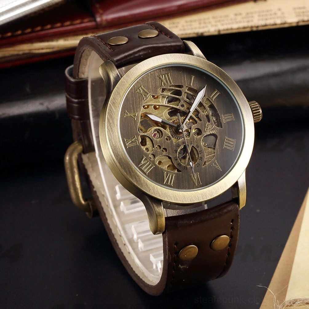 Bronze skeleton steampunk watch with brown leather strap, three-quarter view showing exposed mechanical movement and Roman numeral dial