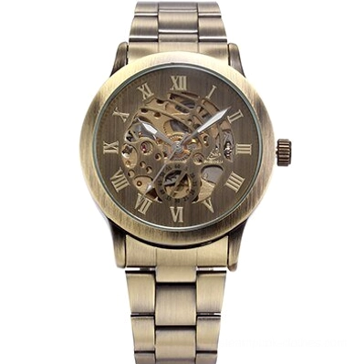 Bronze skeleton steampunk watch stainless steel band variant, flat front view with Roman numeral skeleton dial
