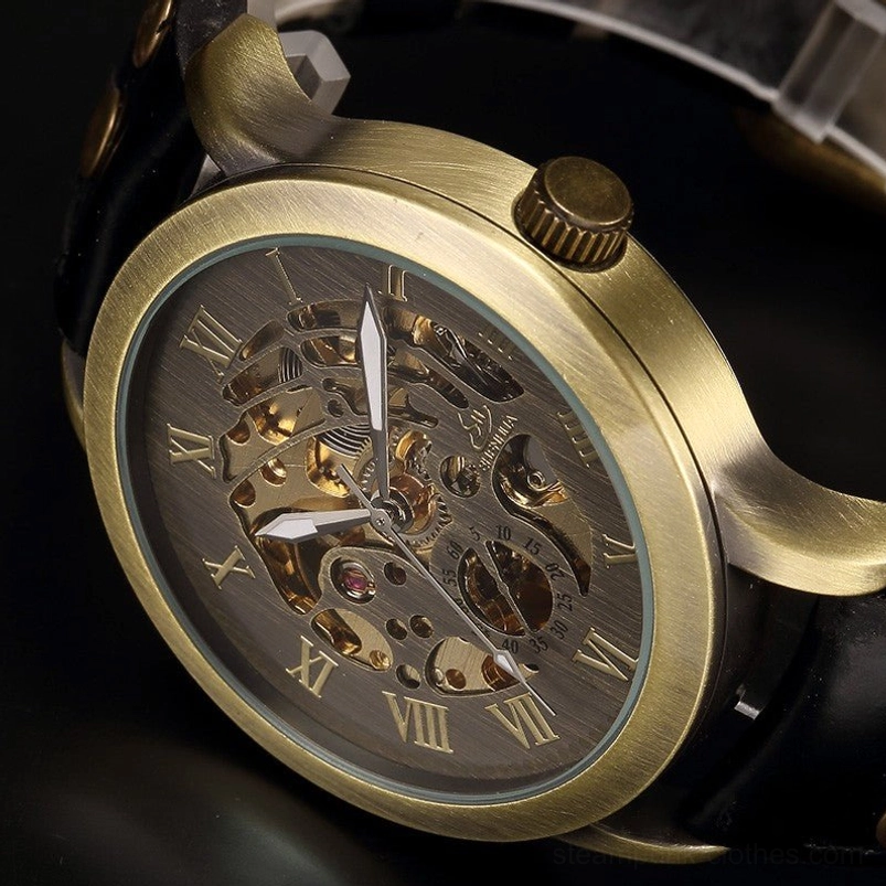 Steampunk skeleton watch close-up front, black leather strap with brushed bronze case and detailed gear movement