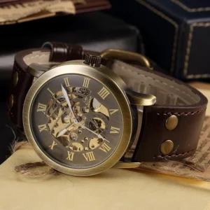 Automatic skeleton steampunk wristwatch top-down view, riveted brown leather band with exposed gears and mechanical movement