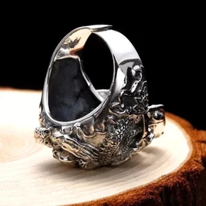 Skull dragon steampunk ring inner side bottom view - gothic silver ring displaying polished interior surface and detailed relief engravings
