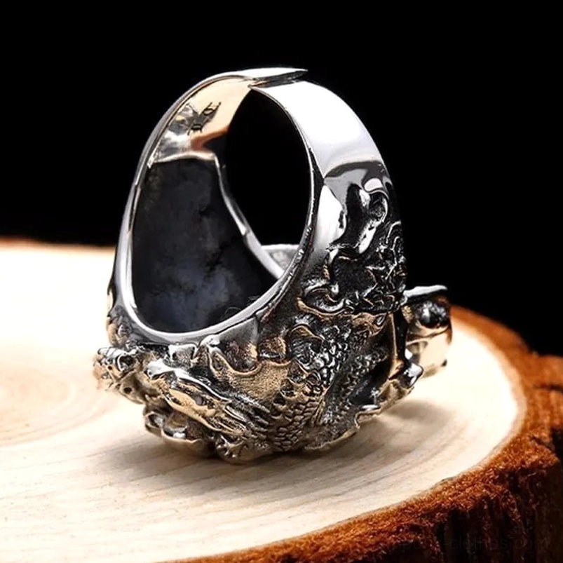 Skull dragon steampunk ring inner side bottom view - gothic silver ring displaying polished interior surface and detailed relief engravings