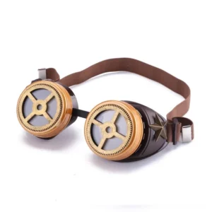 Sniper steampunk goggles front view with bronze gear-trimmed lenses and pentagram ornament on brown frame
