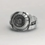 Spiral steampunk ring with turbine center design and segmented band in silver-tone metal, front flat view