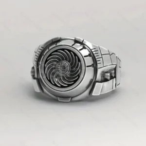 Spiral steampunk ring with turbine center design and segmented band in silver-tone metal, front flat view