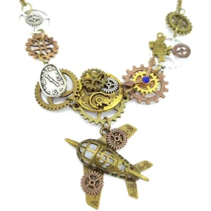 Vintage steampunk airplane necklace front view featuring A-2X marked aircraft pendant, polished gears, and blue gemstone accent on white background